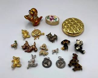 Vintage Animal Brooch and Trinket Collection with Pins and Pill Boxes