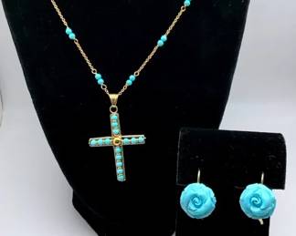 14K Gold Turquoise Bead Necklace with Cross Pendant Earrings