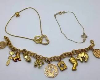14K Gold Bracelet With Charms and Two additional 14K bracelets