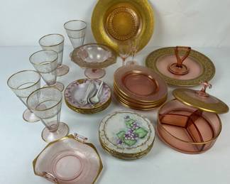 Vintage Pink Glass Serving Pieces with Gold Encrusted Trim and Accessories