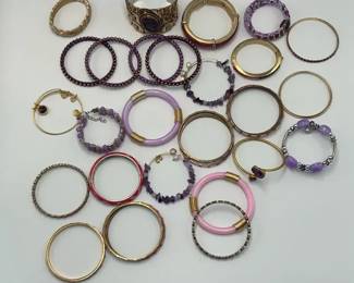 Bracelet Collection Purple and Gold Tone Bangles and Beaded Styles