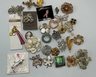 Vintage and Designer Brooch Collection with Rhinestone Floral and Figural Designs