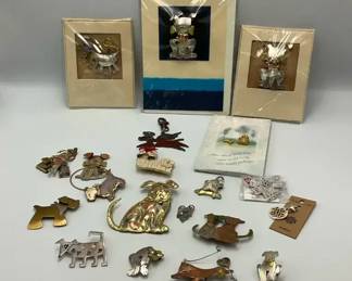Artisan Dog Brooch and Metal Wall Art Collection with Framed Pieces