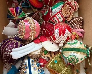 Assorted Vintage Beaded and Embroidered Christmas Ornaments, including Push Pin Styles