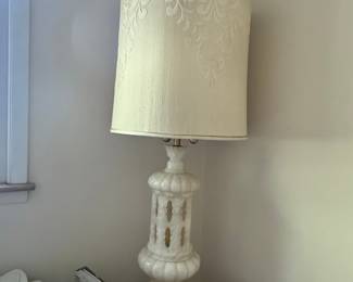 Vintage Alabaster Table Lamp with Fluted Base and Damask Shade