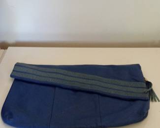 Blue Leather Fold-Over Clutch with Tassel