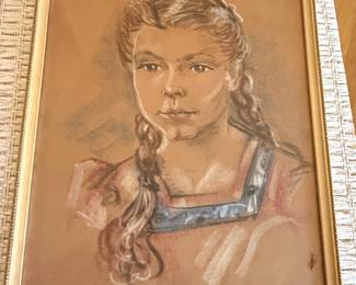 Mid-Century Pastel Portrait of a Young Woman with Braids