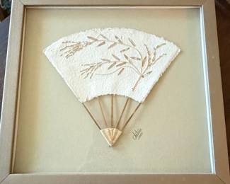 Framed Japanese Rice Paper Fan with Wheat Stalks, Signed 'Intuna 2001'