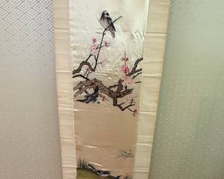 Japanese Silk Embroidery Scroll Painting of Birds and Plum Blossoms