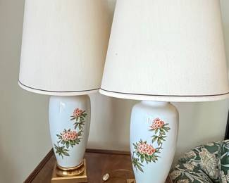 Pair of Vintage Chinoiserie Porcelain Table Lamps with Floral Motif