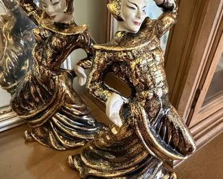 Vintage Gilner Pottery of California Ceramic Balinese Dancers Figurines, Gold and Black Glaze