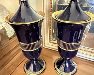 Pair of Italian Cobalt Blue Ceramic Urns with Gilt Accents