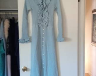 Eleanor Brenner for Brenner Bees Blue Knit Maxi Dress with Ruffle Collar