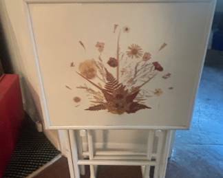 Vintage Lavada Needlepoint Floral TV Tray Set with Stand