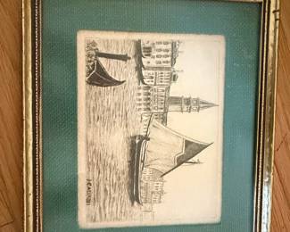 Venice Canal Scene Etching by H. Cassadei