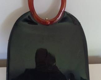 Vintage Bobbie Jerome Black Patent Leather Handbag with Lucite Handle