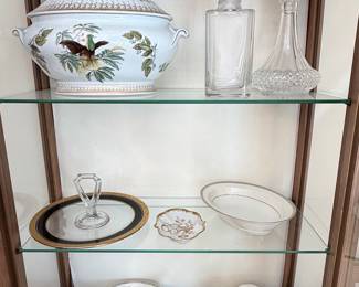 Porcelain Tureen with Bird Decoration and Cut Glass Decanters