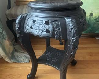 Japanese Carved Wood Plant Stand with Painted Top