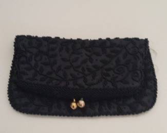 Black Beaded Clutch Purse with Floral Motif