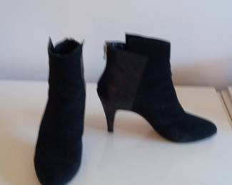 Black Suede and Leather Pointed Toe Stiletto Ankle Boots with Back Zipper