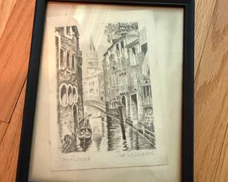 Joe Cassadel "Greetings" Etching of Venice Canal Scene