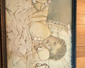 Victorian "Baby in Blanket" Memorial Shadow Box with Fabric and Lace