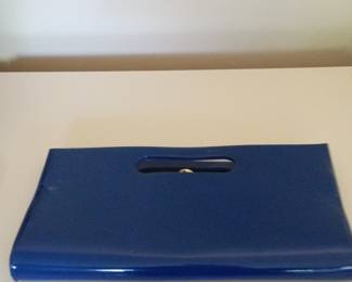Blue Patent Leather Clutch Bag with Handle Cutout