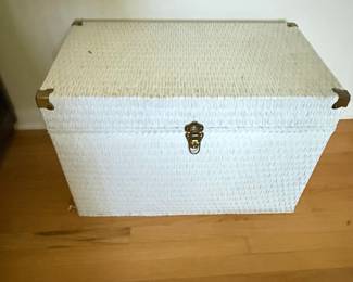 Vintage White Wicker Storage Trunk with Brass Hardware