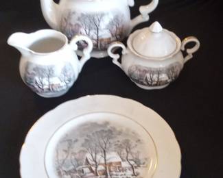 Avon "Old Grist Mill" Winter Scene Teapot, Sugar Bowl, and Creamer Set