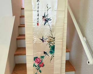 Antique Chinese Silk Embroidery Scroll with Birds and Flowers
