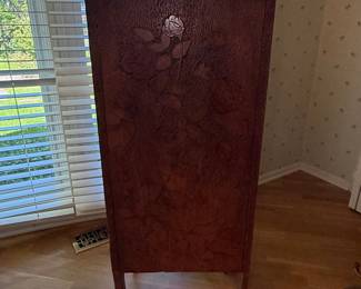 Antique Oak Sheet Music Cabinet with Rose Carvings