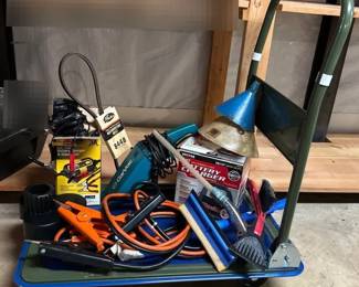 Olympia Tools Flatbed Cart, Jumper Cables, Battery Charger, Car Vac And More