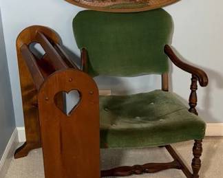 Vintage Quilt Rack,Unknown Maker Wood Arm Chair W Green Upholstery, And Vintage Burwood Oval Plaque