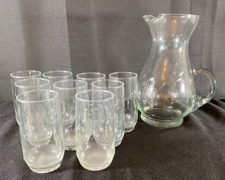 Etched Glass Pitcher And Glasses