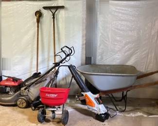 Honda Harmony II Lawnmower , Earthway Seed Spreader, Stijl Began Blower, Metal Wheelbarrow , Antique