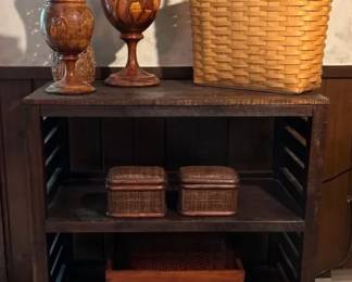 Vintage Brown Collection Wooden Book Case, Longaberger Basket , Carved Wood Vessels And More