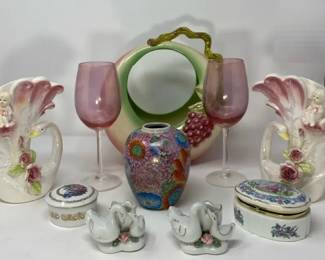 Vintage Pink Collection Wine Glasses, Music Boxes, Vases, Tokay Planter And More