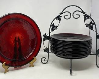 Vintage Ruby Red Glass Dinner Plates And Serving Platter