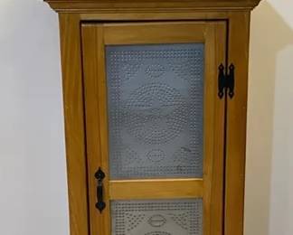 Pine Pie Safe With Punched Tin, Lamp And Tincture Bottles