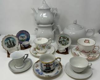 Vintage Souvenir Teacups, DLusso Demitasse, Royal Grafton Wild Rose Teacup, White Porcelain Teapots
