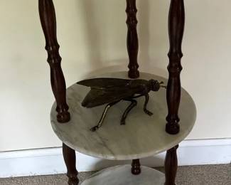 Marble Three Tiered Plant Stand With Vintage Brass Fly Italian Ashtray