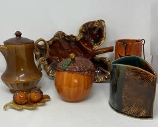 Autumn Ceramic Collection Leaf Platter, Salt Pepper Set, Acorn Container, Tea Pot And More