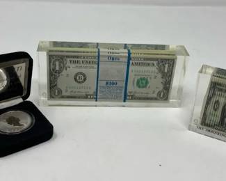 Vintage 1969 Uncirculated $1 Bills, 2000 Canadian $5 Silver coin, Shrinking Dollar
