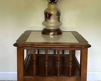 Wood One Shelf End Table With Glass Hand Painted Floral Oil Lamp