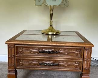 Wooden Single Drawer End Table With Four Tile Insert And Six Panel Touch Lamp