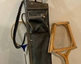 Vintage Gold Clubs, Tennis Rackets, And Baseball Gloves