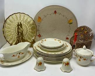 Assorted Vintage Superior Hall China Autumn Leaf, Anchor Hocking Amber Glass Plate, Ceramic Turkey
