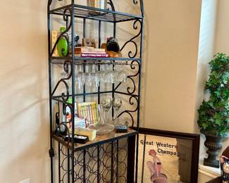 Metal scrollwork butchers rack and wine holder