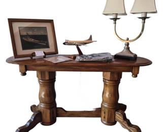 double pedastle oak console table showcasing the US FLAG and provenance as well as an ORION model