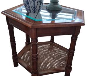 octagonl glass top and cane bottom end table (pair)